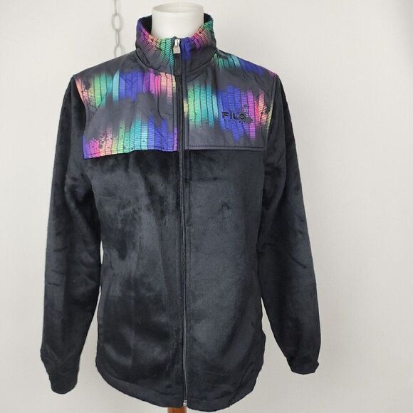 Fila Full Zip Athletic Fleece Track Jacket Black Neon Graphic Pockets Womens M - Picture 1 of 7
